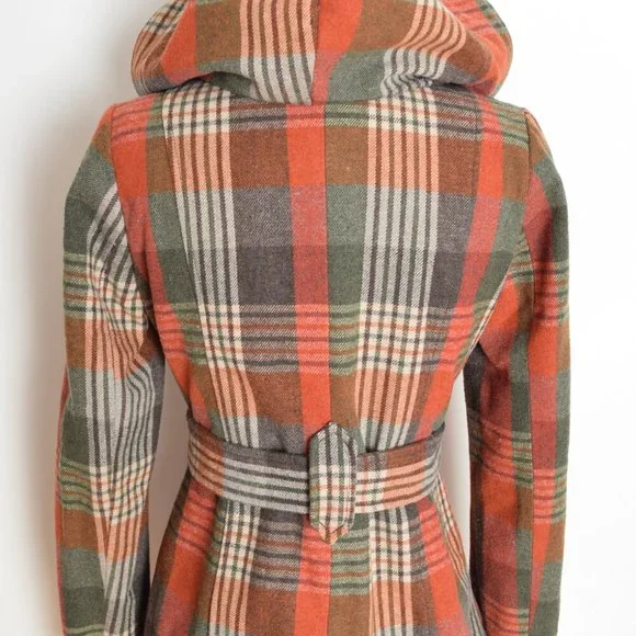 Jack BB Dakota coat jacket rust brown plaid hooded olive green womens S - Picture 5 of 8